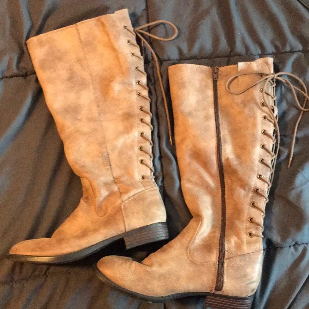 Tan Faux Leather Lace-Up Boots